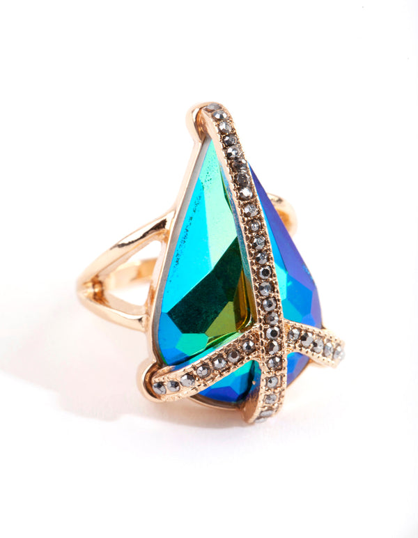 Złoty pierścionek w kształcie łezki z kryształkami Aqua