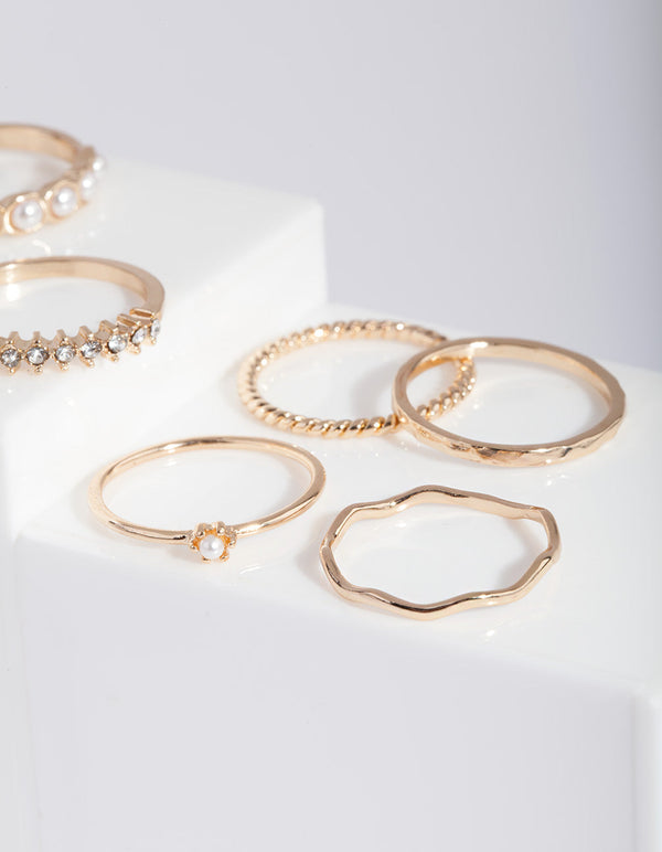 Gold Pearl & Diamante Mix Ring 7 Pack