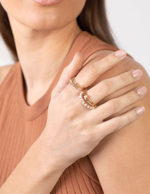 Gold Pearl & Diamante Mix Ring 7 Pack