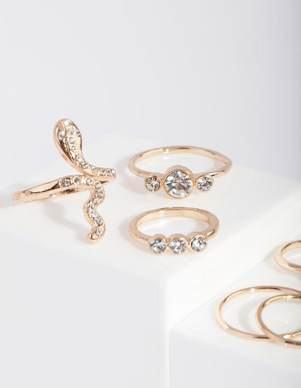 Gold Pearl & Diamante Mix Ring 7 Pack