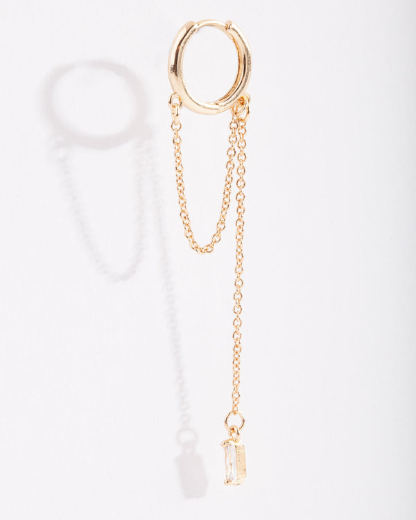 Gold Baguette Chain Drop Huggie Earrings