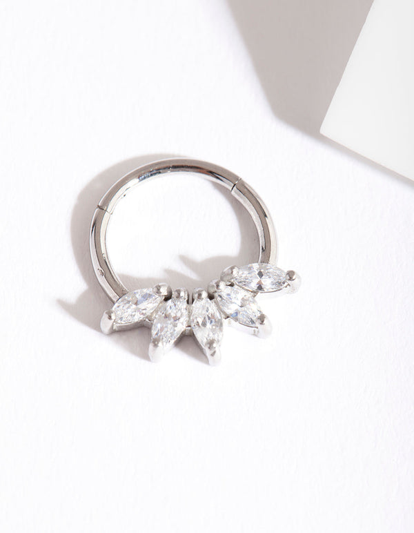 Surgical Steel Rhodium Cubic Zirconia Marquise Clicker Earring