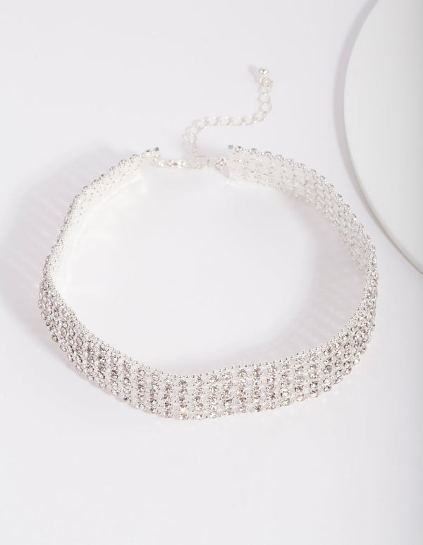 Silver 5 Row Diamante Choker Necklace