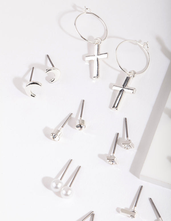 银色十字架和月亮耳环 12 只装