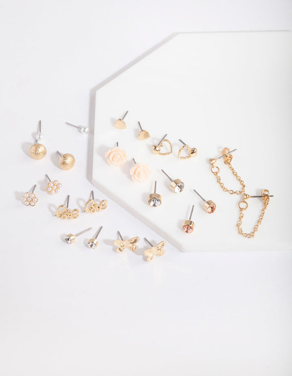 Gold Flower & Pearl Earring 12 Pack
