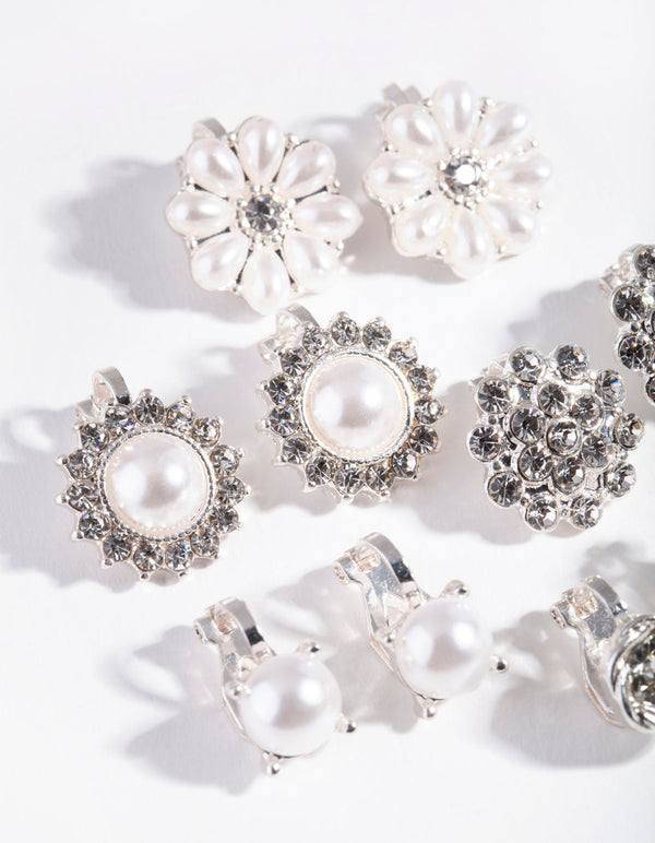 Silver Pearl Flower Clip-On Earring Pack