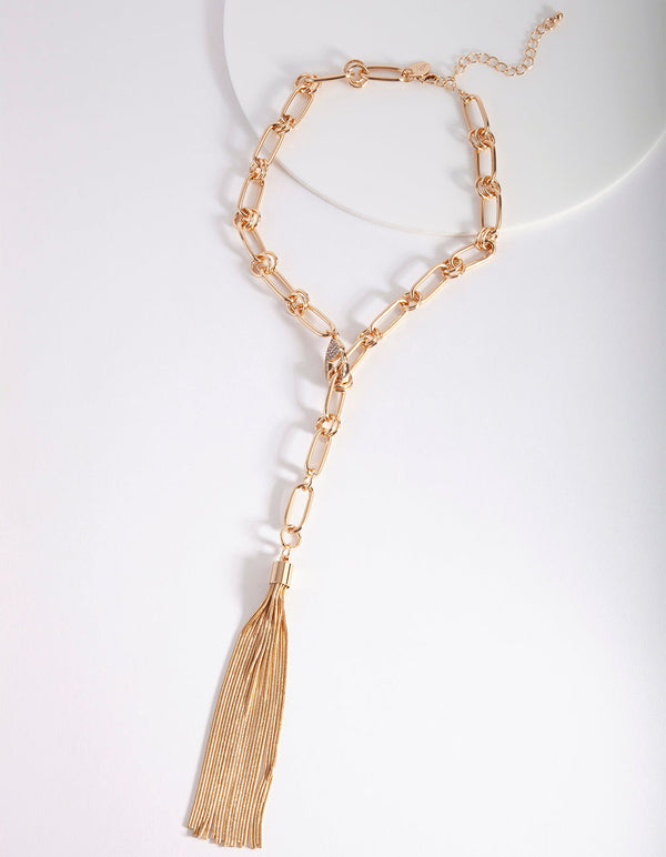Gold Chain Link Y Tassel Necklace