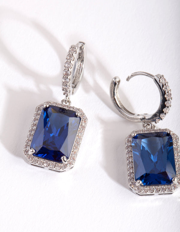 Diamond Simulant Sapphire Rectangle Huggie Earrings