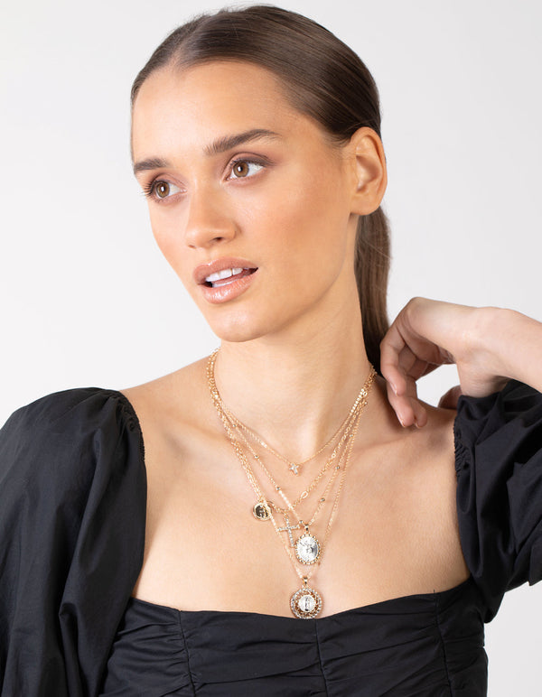 Gold Cross & Pendant Layered Necklace