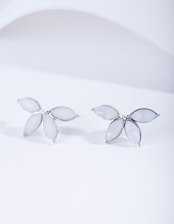 Silver Synthetic Opal Half Flower Stud Earrings