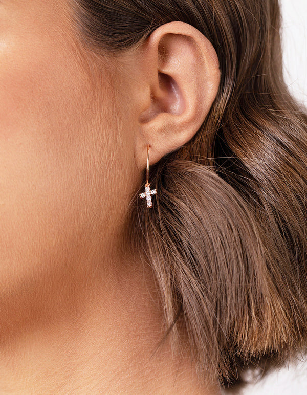 Rose Gold Plated Sterling Silver Cubic Zirconia Cross Hoop Earrings