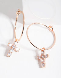Rose Gold Plated Sterling Silver Cubic Zirconia Cross Hoop Earrings - link has visual effect only