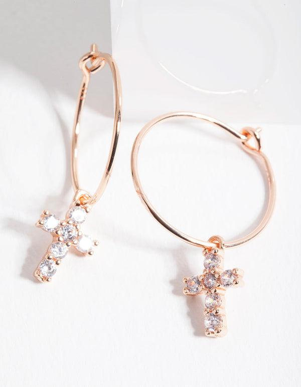 Rose Gold Plated Sterling Silver Cubic Zirconia Cross Hoop Earrings