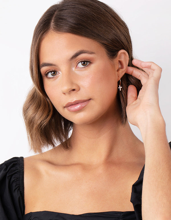 Rose Gold Plated Sterling Silver Cubic Zirconia Cross Hoop Earrings