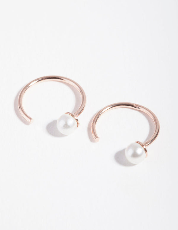 Rose Gold Plated Sterling Silver Pearl Pull Through Hoop Earrings