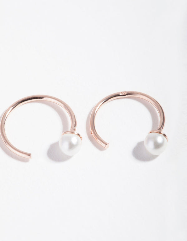 Rose Gold Plated Sterling Silver Pearl Pull Through Hoop Earrings