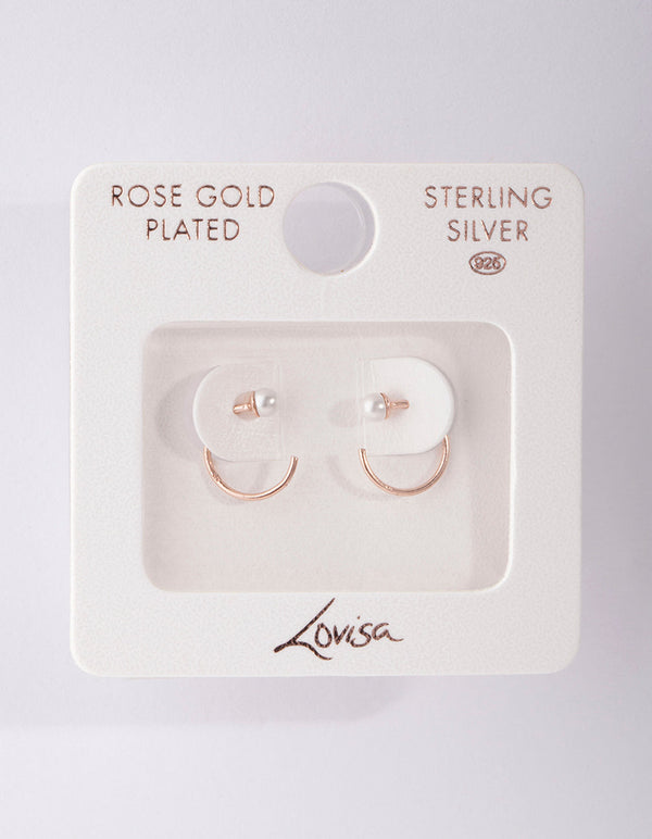 Rose Gold Plated Sterling Silver Pearl Pull Through Hoop Earrings