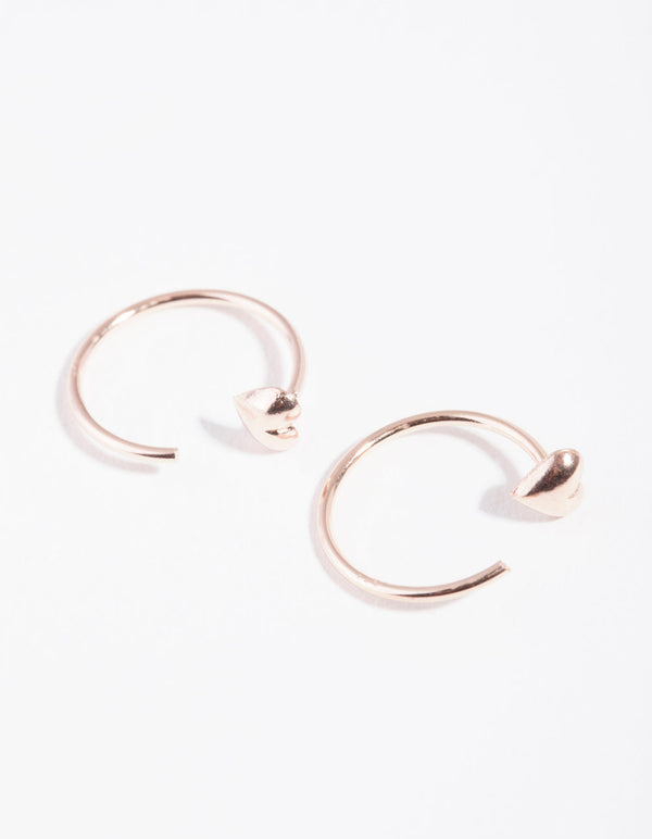 Rose Gold Plated Sterling Silver Heart Pull Through Hoop Earrings