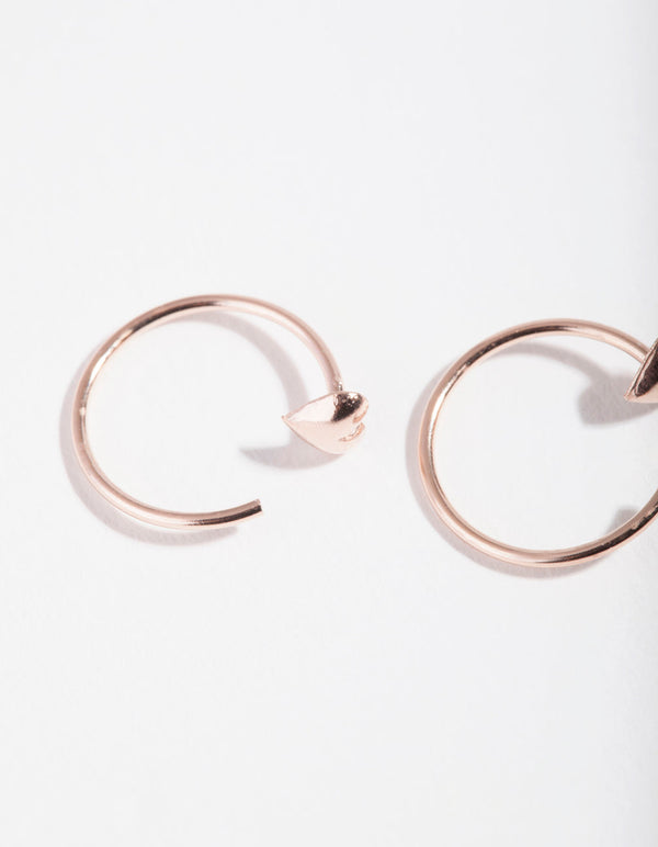 Rose Gold Plated Sterling Silver Heart Pull Through Hoop Earrings
