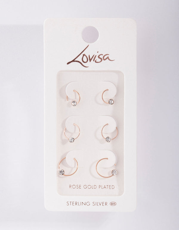 Rose Gold Plated Sterling Silver Graduating Diamante Hoop Earring 3 Pack