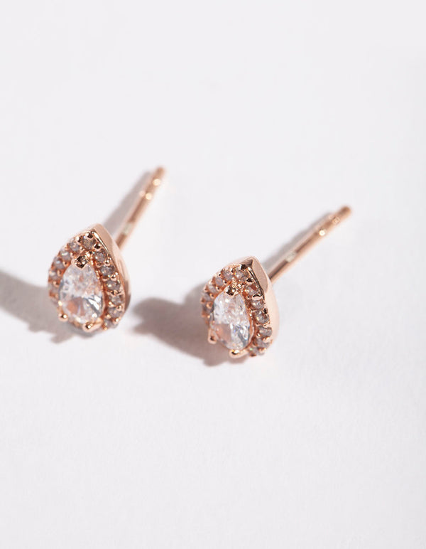 Rose Gold Plated Sterling Silver Cubic Zirconia Pear Halo Stud Earrings