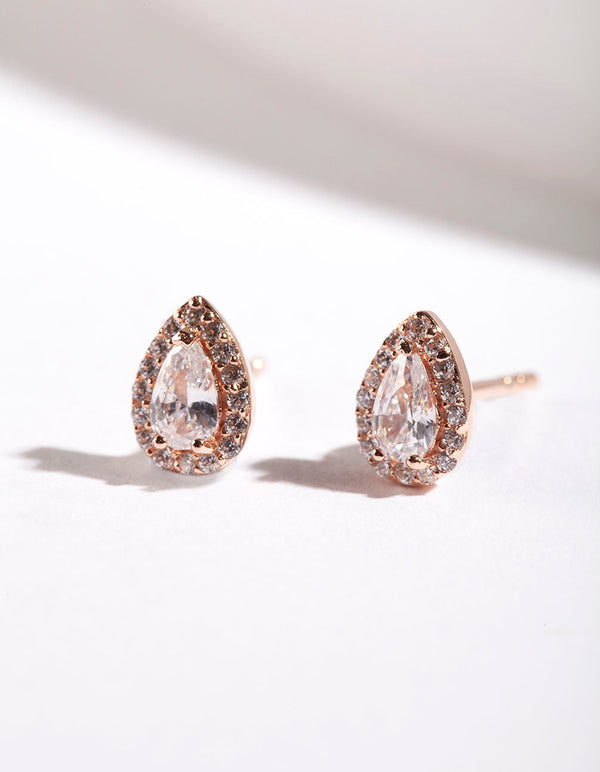 Rose Gold Plated Sterling Silver Cubic Zirconia Pear Halo Stud Earrings