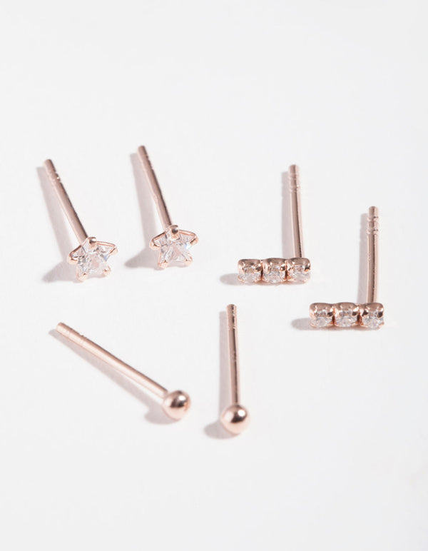 Rose Gold Plated Sterling Silver Cubic Zirconia Line Stud Earring 3 Pack