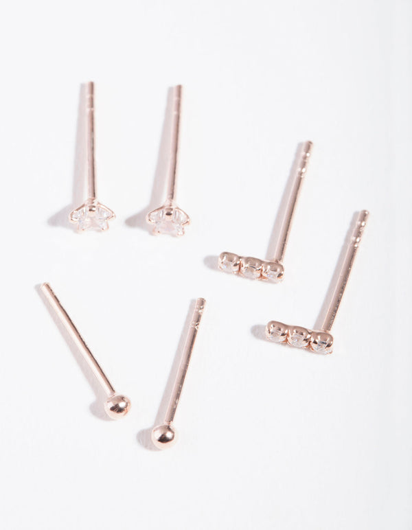 Rose Gold Plated Sterling Silver Cubic Zirconia Line Stud Earring 3 Pack