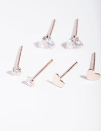 Rose Gold Plated Sterling Silver Cubic Zirconia Heart Stud Earring 3 Pack - link has visual effect only
