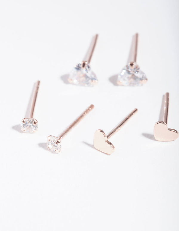 Rose Gold Plated Sterling Silver Cubic Zirconia Heart Stud Earring 3 Pack