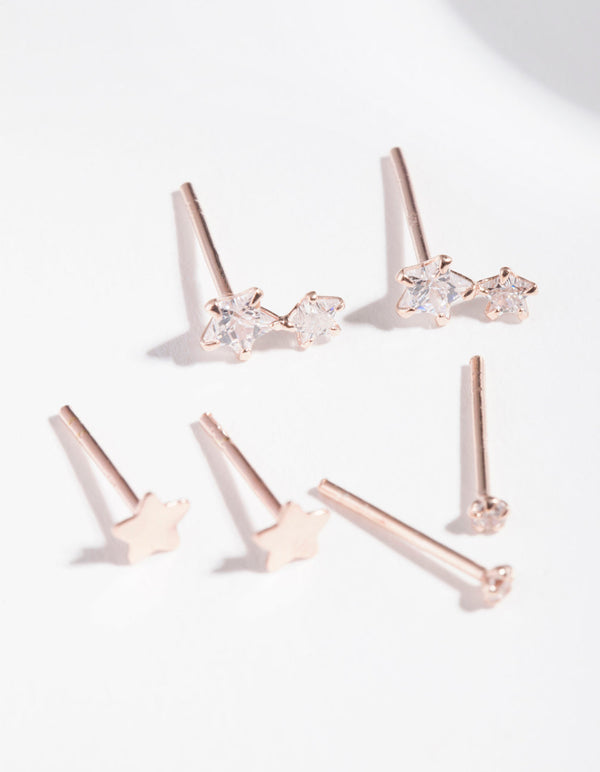 Rose Gold Plated Sterling Silver Cubic Zirconia Star Stud Earring 3 Pack