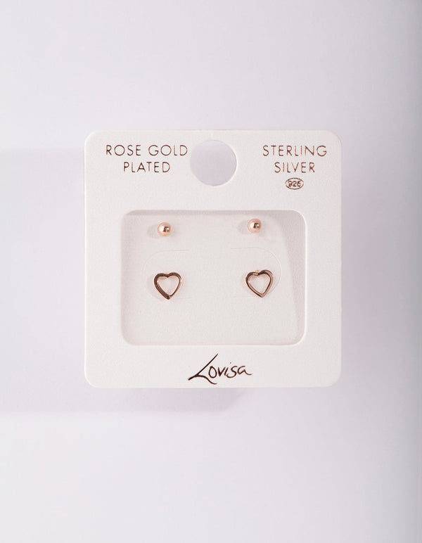 Rose Gold Plated Sterling Silver Ball and Heart Stud Earring 2 Pack