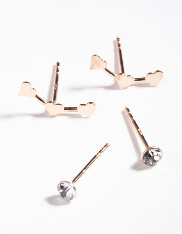 Rose Gold Plated Sterling Silver Diamante Heart Stud Earring 2 Pack