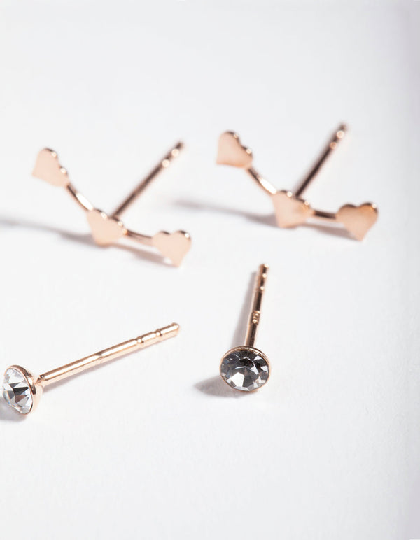 Rose Gold Plated Sterling Silver Diamante Heart Stud Earring 2 Pack