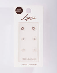 Rose Gold Plated Sterling Silver Cubic Zirconia Geo Stud Earring 3 Pack - link has visual effect only