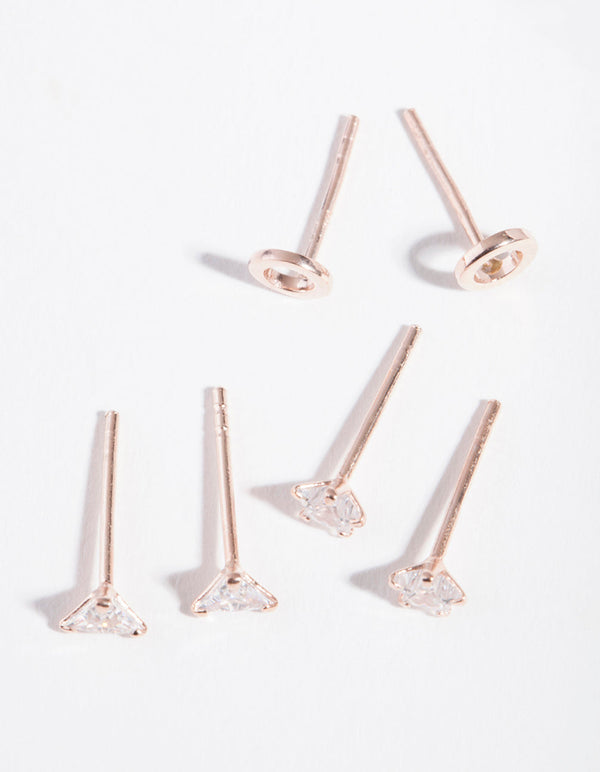Rose Gold Plated Sterling Silver Cubic Zirconia Geo Stud Earring 3 Pack