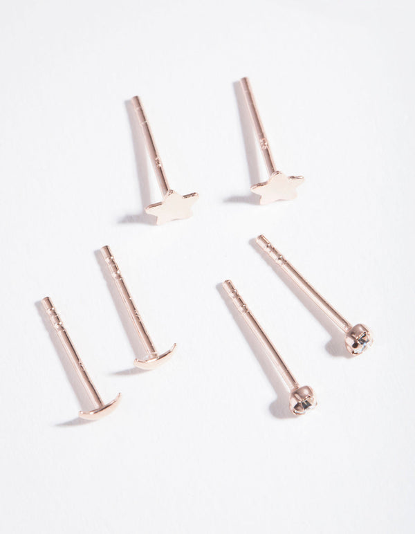 Rose Gold Plated Sterling Silver Celestial Stud Earring 3 Pack