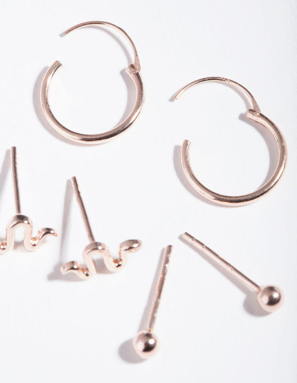 Rose Gold Plated Sterling Silver Snake Hoop Earring 3 Pack