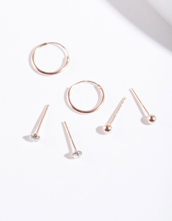 Rose Gold Plated Sterling Silver Diamante Ball and Hoop Earring 3 Pack