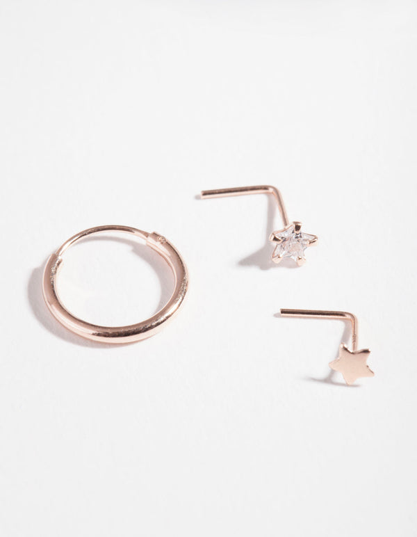 Rose Gold Plated Sterling Silver Cubic Zirconia Star Nose Piercing 3 Pack