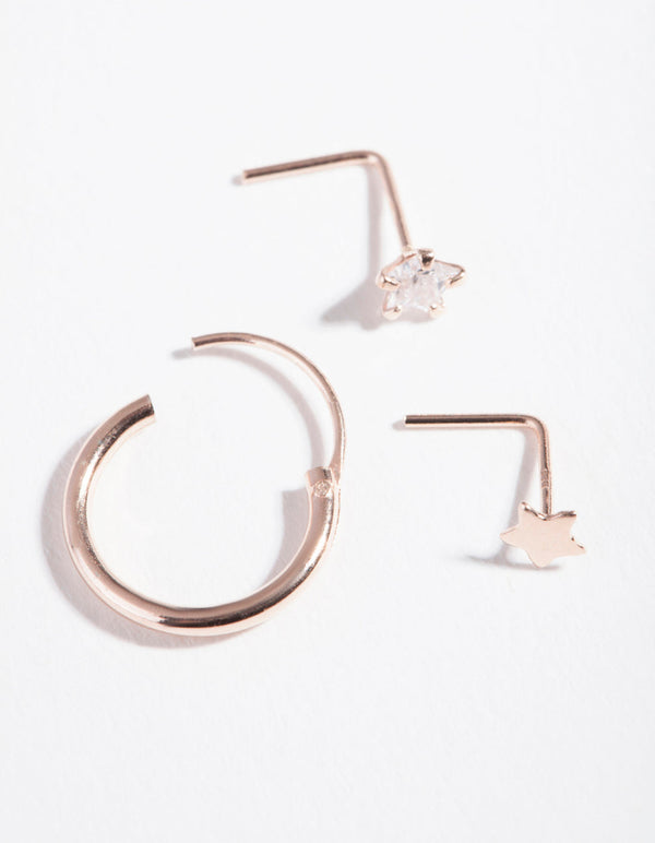 Rose Gold Plated Sterling Silver Cubic Zirconia Star Nose Piercing 3 Pack