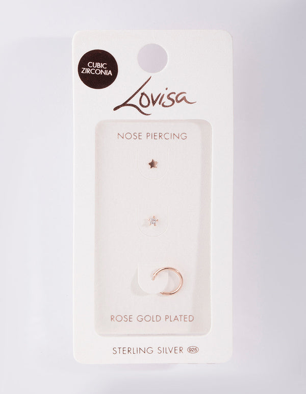 Rose Gold Plated Sterling Silver Cubic Zirconia Star Nose Piercing 3 Pack