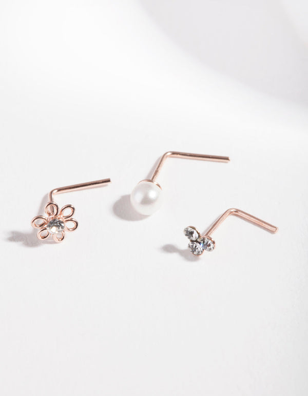Rose Gold Plated Sterling Silver Flower and Pearl Nose Stud 3 Pack
