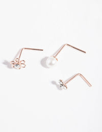 Rose Gold Plated Sterling Silver Flower and Pearl Nose Stud 3 Pack - link has visual effect only