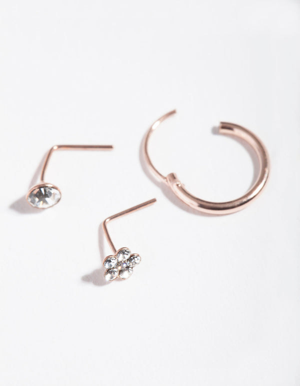 Rose Gold Plated Sterling Silver Diamante Flower Nose Piercing 3 Pack