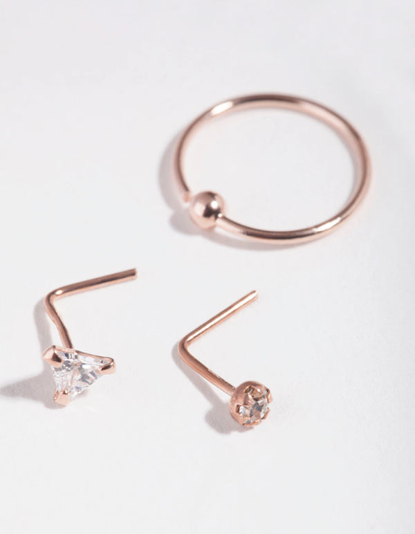 Rose Gold Plated Sterling Silver Cubic Zirconia Triangle Nose Piercing 3 Pack