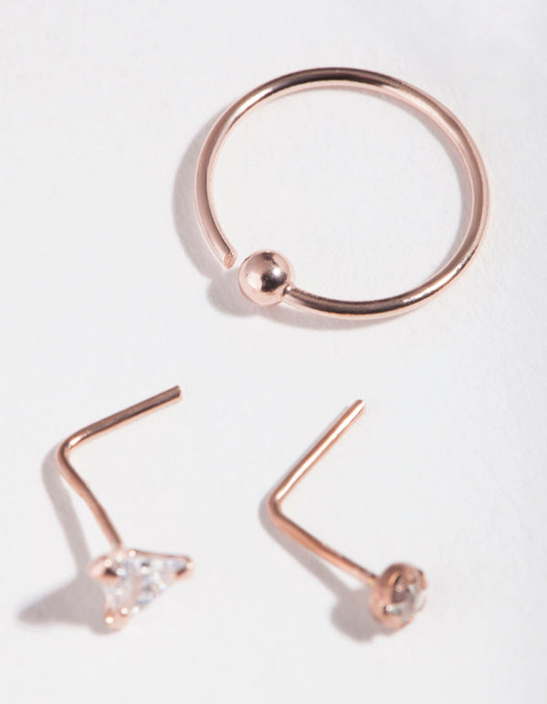 Rose Gold Plated Sterling Silver Cubic Zirconia Triangle Nose Piercing 3 Pack