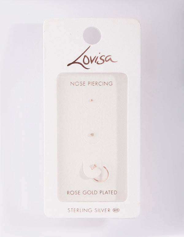 Rose Gold Plated Sterling Silver Diamante Nose Piercing 3 Pack