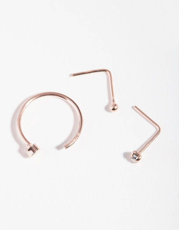 Rose Gold Plated Sterling Silver Diamante Nose Piercing 3 Pack