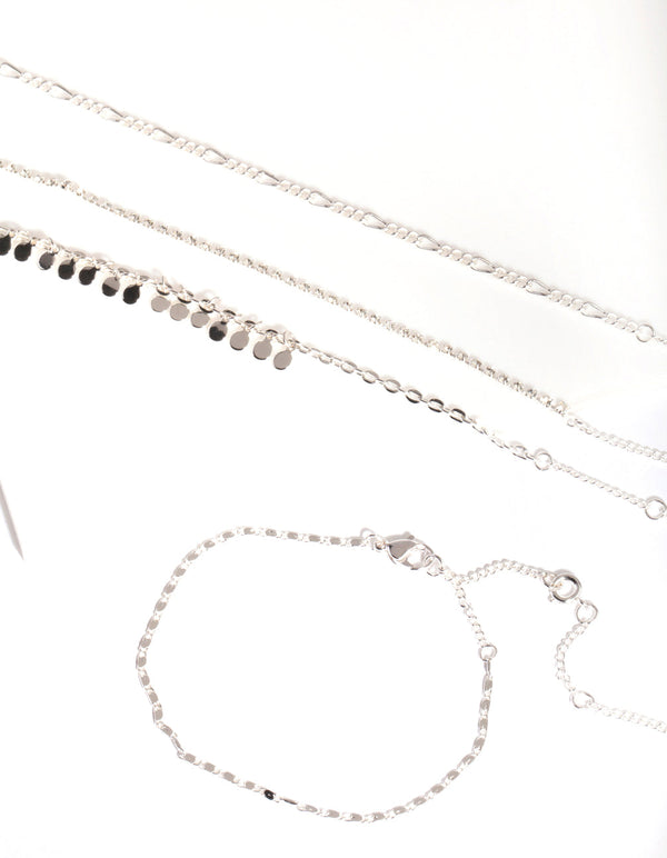 Silver Diamante Drop Charm Bracelet & Anklet 4 Pack
